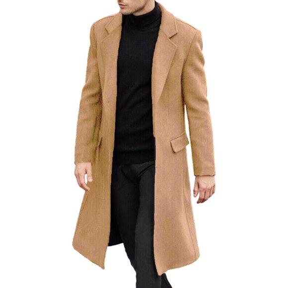✨Men Brown Casual Trench Coat Slim Fit Notched Collar Long Jacket Pea Overcoat